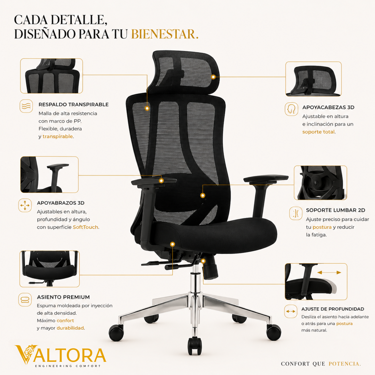Silla de Escritorio Ergonómica Profesional - Valtora - Tiya Aqua