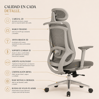 Silla de Escritorio Ergonómica Premium - Valtora - Icon Terra Plus Gris