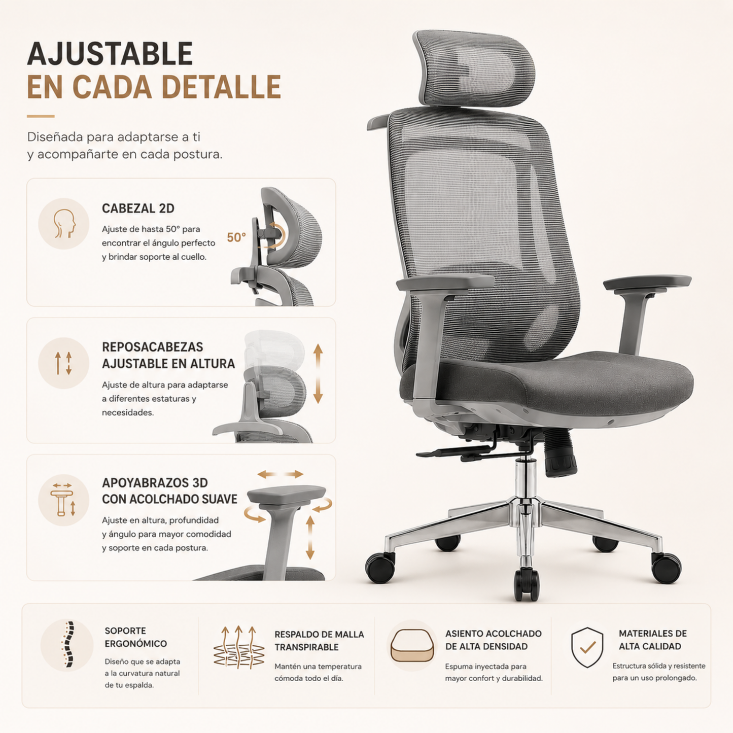 Silla de Escritorio Ergonómica Premium - Valtora - Icon Terra Plus Gris