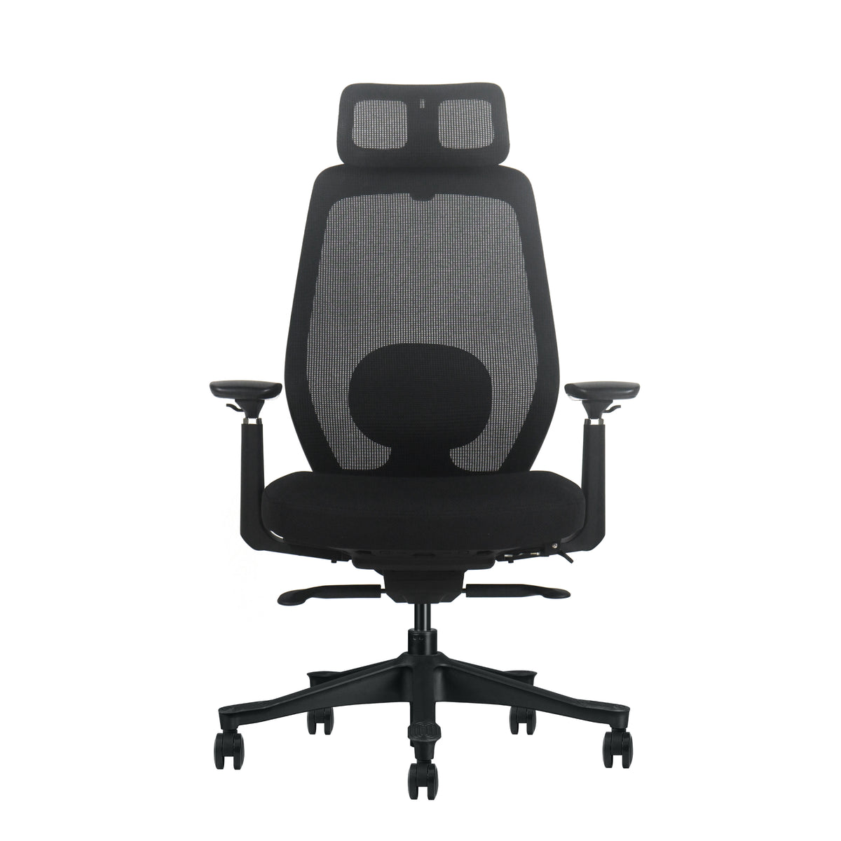 Silla ergonómica Valtora Hayate negra, vista frontal: respaldo de malla, cabezal 4D, soporte lumbar y apoyabrazos 3D XL