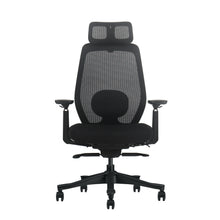 Silla ergonómica Valtora Hayate negra, vista frontal: respaldo de malla, cabezal 4D, soporte lumbar y apoyabrazos 3D XL