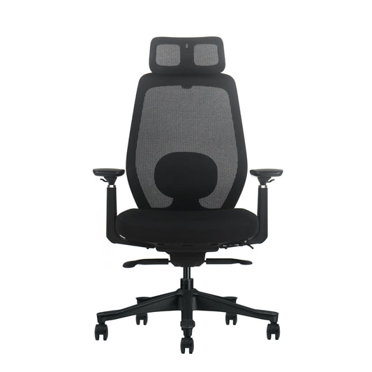 Silla ergonómica Valtora Hayate negra, vista frontal: respaldo de malla, cabezal 4D, soporte lumbar y apoyabrazos 3D XL